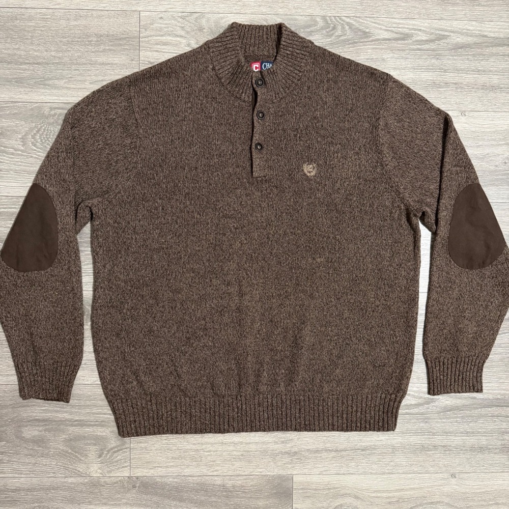 Chaps Mens 2XLT Brown Cotton Knit Mock Neck Button Pullover Sweater Elbow Patch